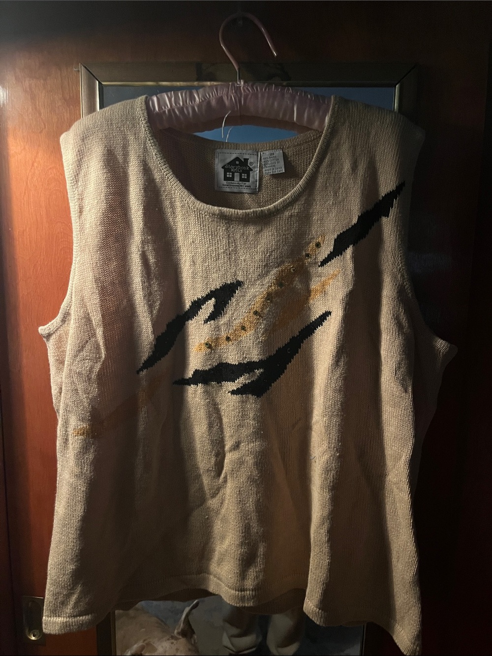 Storybook Knits Beige Sleeveless Knit Tank with Black & Gold Motif